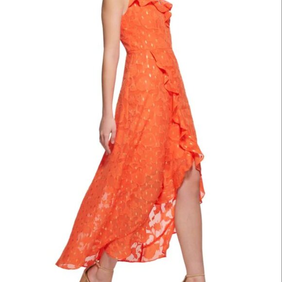 Ruffle Trim Lace Chiffon Midi High-Low Dress - Picture 5 of 6